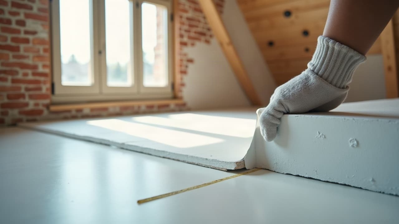 Main gantée positionnant un panneau dans un comble en cours d'aménagement, charpente et fenêtre de toit en arrière-plan