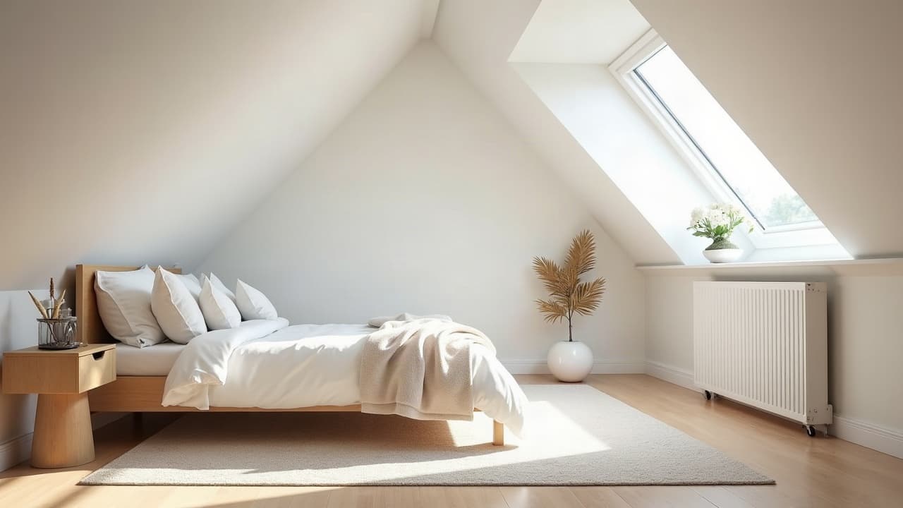 Chambre aménagée sous les combles, rampants peints en blanc, fenêtre de toit au-dessus du lit