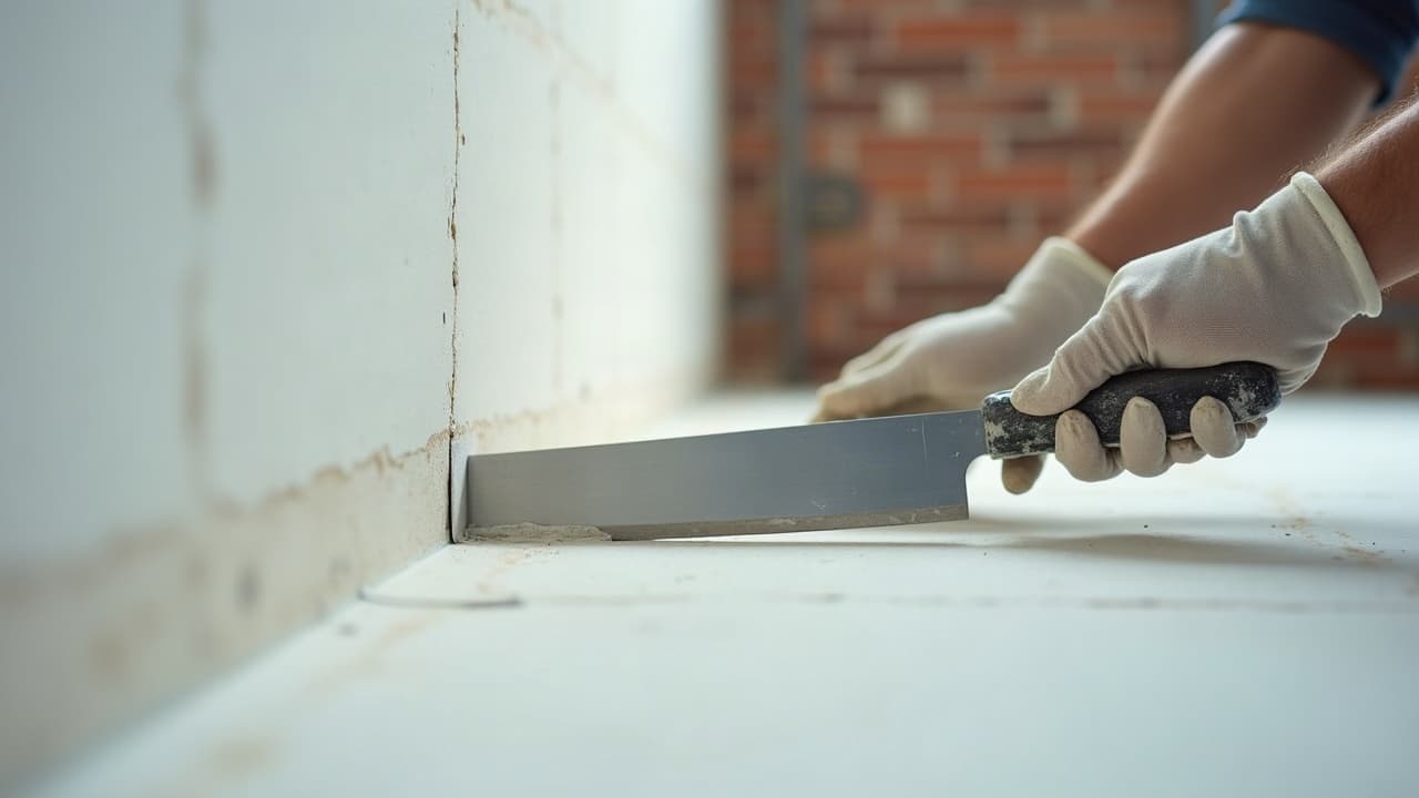Main gantée tirant un couteau à enduire inox le long d'un joint vertical, laissant une bande d'enduit frais bien lissée sur la plaque