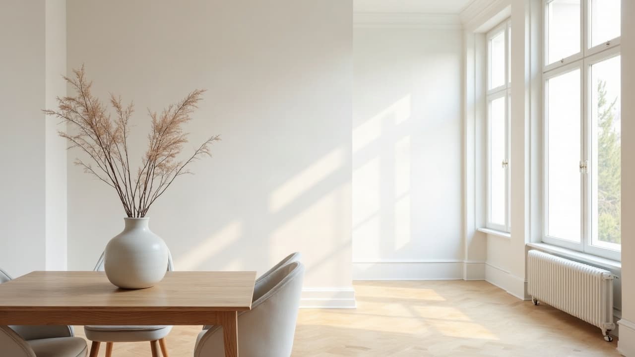 Salle à manger élégante aux murs lisses fraîchement peints en blanc, table en bois et vase en céramique
