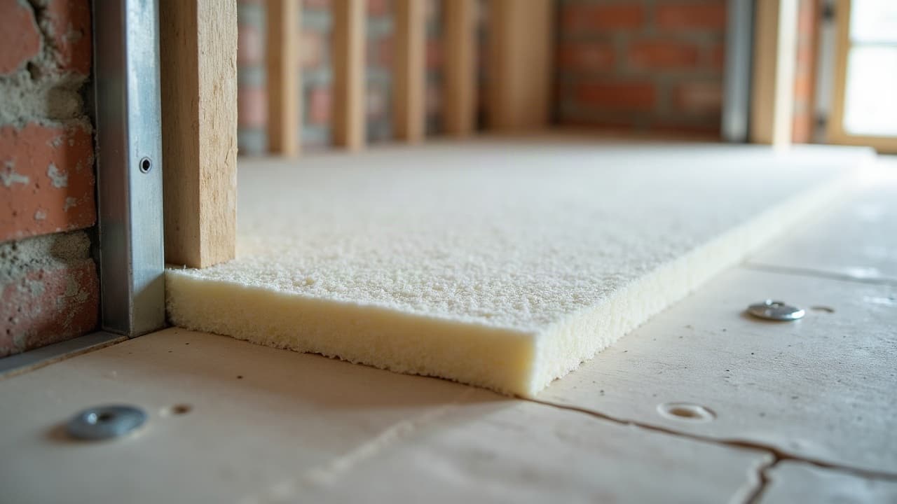 Panneau isolant en laine minérale posé entre l'ossature métallique d'un mur doublé, avant fermeture