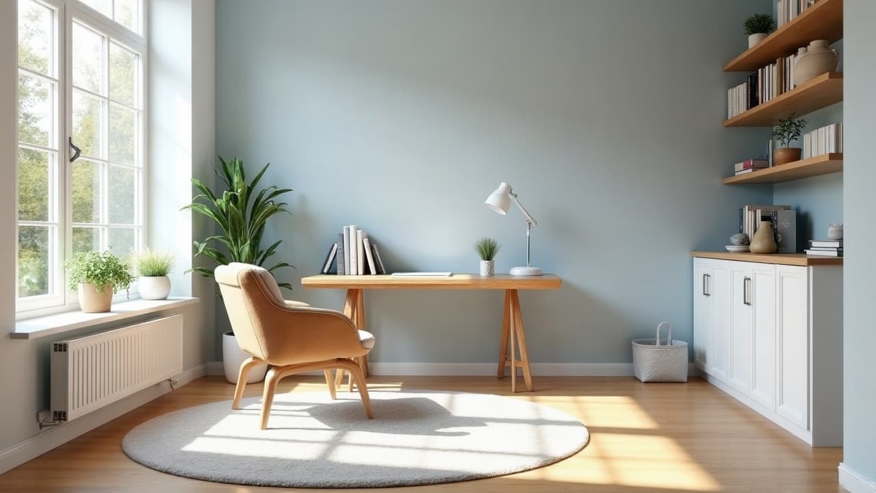 Bureau à domicile chaleureux, mur doublé peint en bleu gris pâle, bureau en bois devant la fenêtre