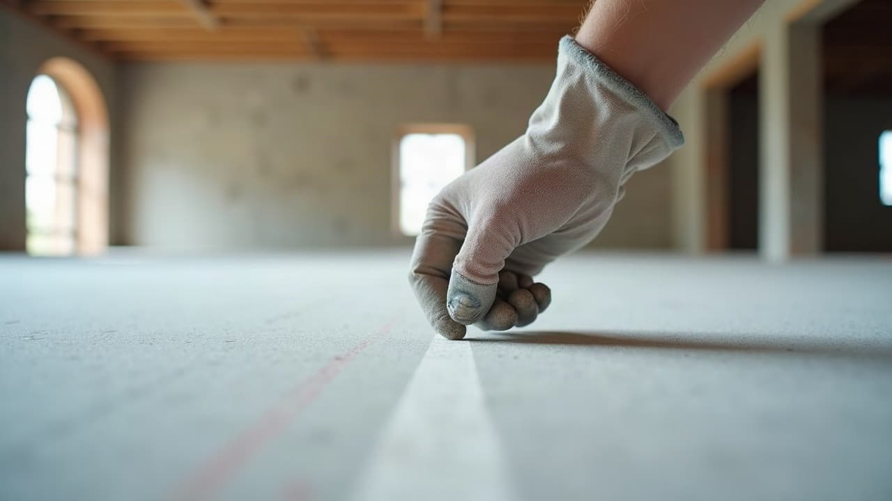 Traçage au cordeau de l'implantation d'un plafond suspendu, une main gantée appuyée sur la ligne tracée