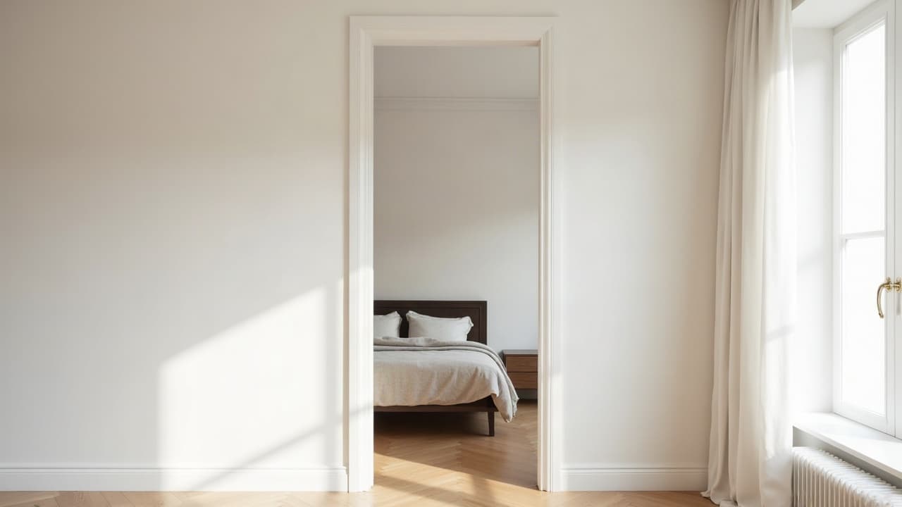 Chambre lumineuse fermée par une cloison neuve peinte en blanc, ouverture vers un dressing attenant