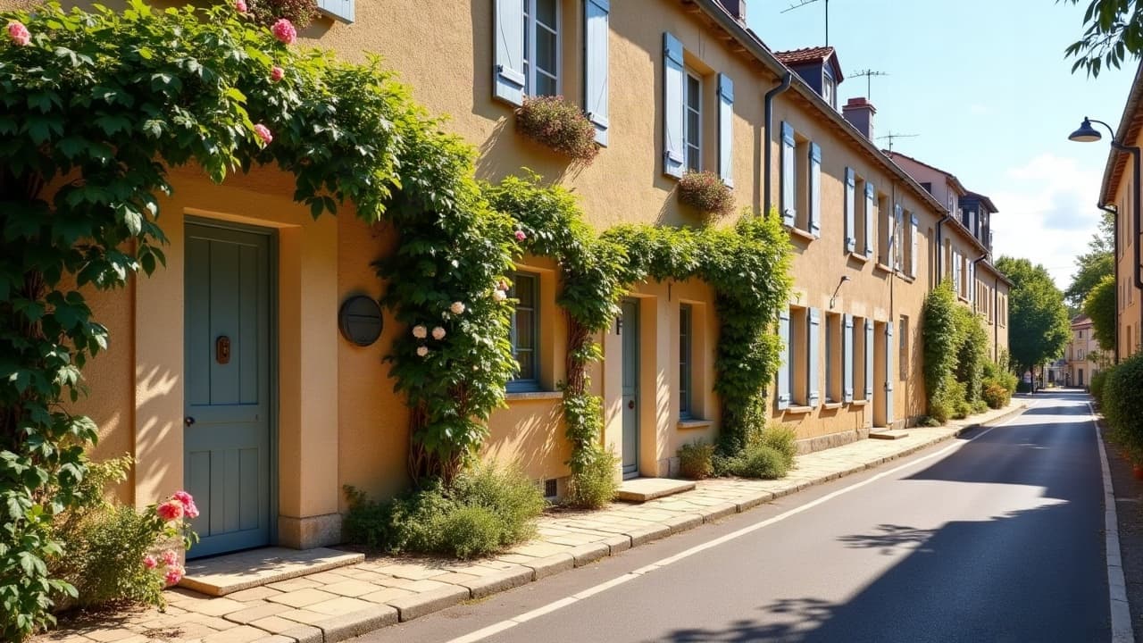 Mur de jardin en pierre dorée couvert de rosiers, dans une ruelle d'Ambierle