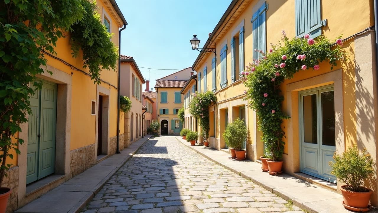 Rue de caractère d'Ambierle, façades en pierre dorée et glycine grimpante