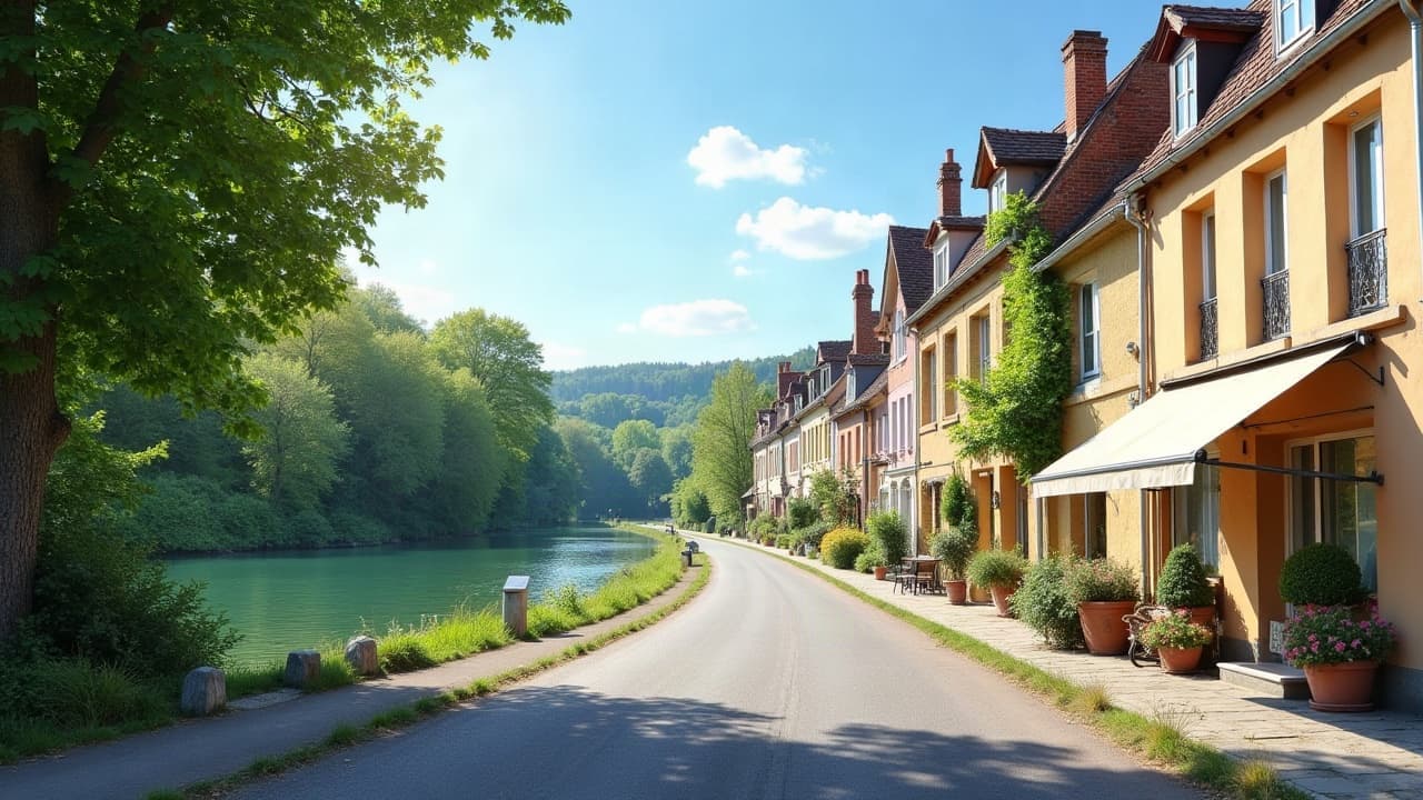 Rue de Commelle-Vernay longeant l'eau, arbres et maisons au bord de la Loire