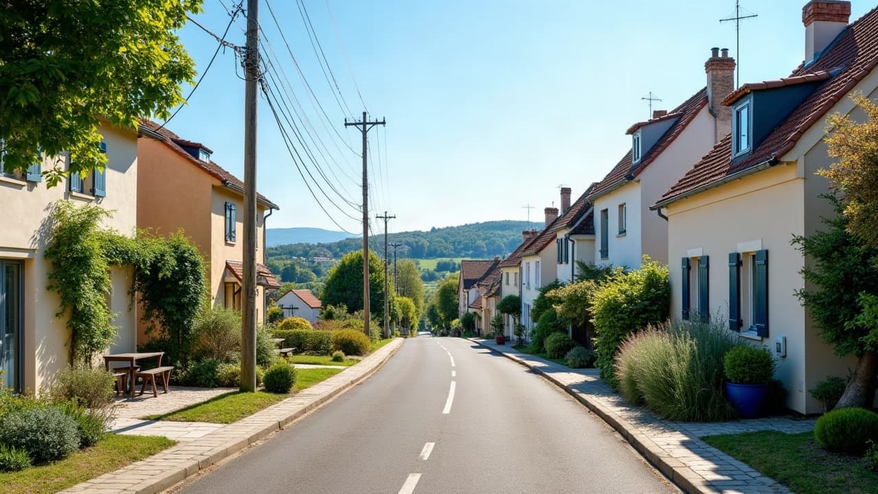 Rue en balcon de Commelle-Vernay, pavillons familiaux et vue dégagée sur la vallée