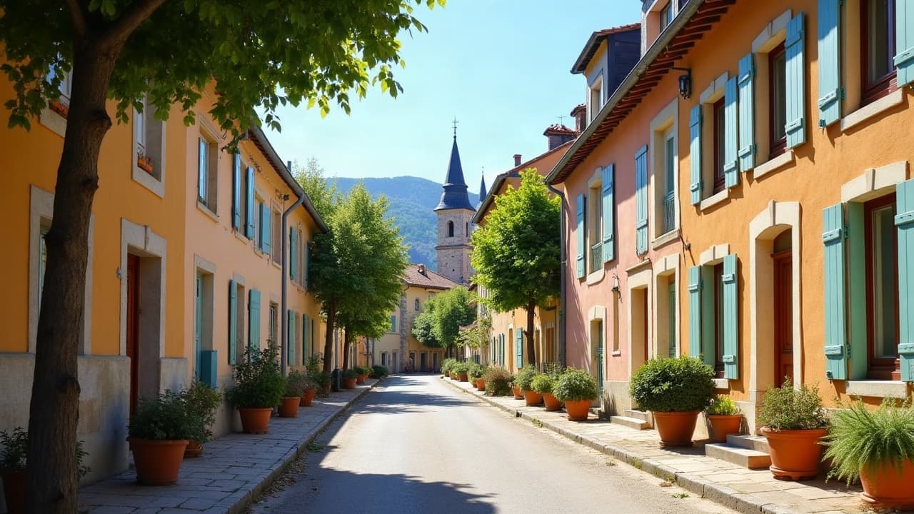 Rue de Coutouvre montant vers l'église, le clocher dominant les maisons