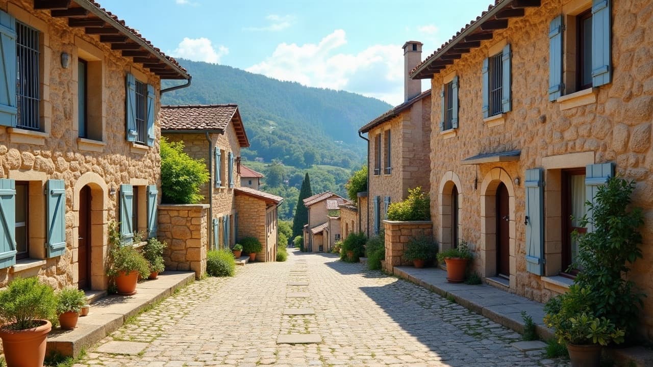 Village en coteau de Coutouvre, anciennes maisons ouvrières en brique et pierre