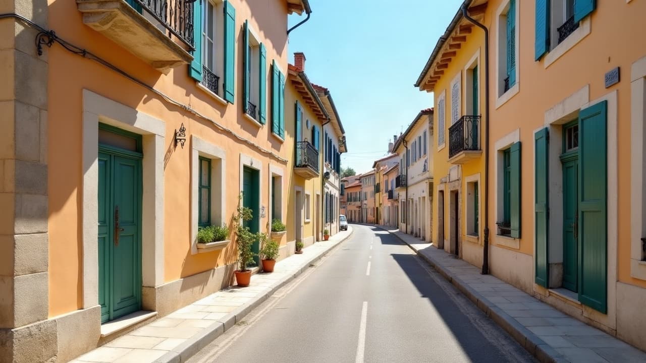 Rue calme du Coteau, petits immeubles aux volets peints et large trottoir