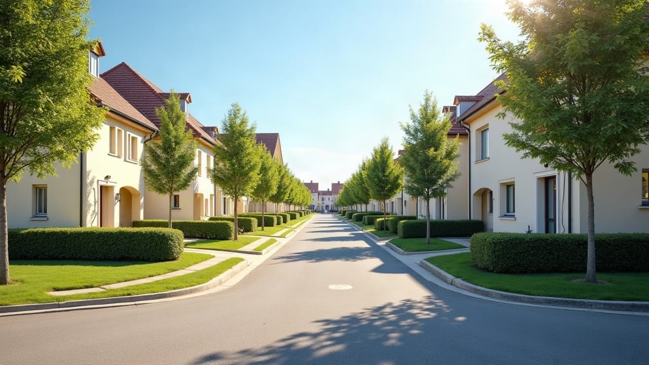 Entrée d'un lotissement récent de Lentigny, pavillons soignés et jeunes arbres