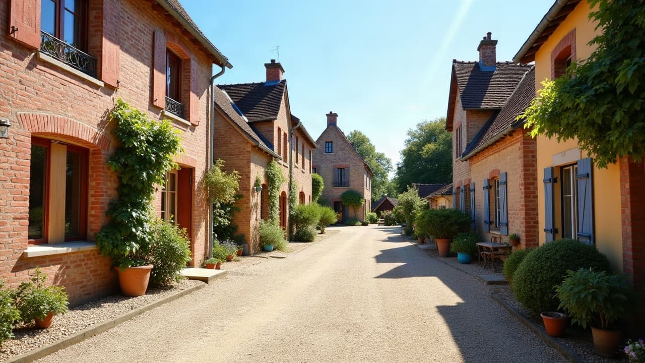 Rue de Mably aux maisons de brique fleuries de pots et de rosiers