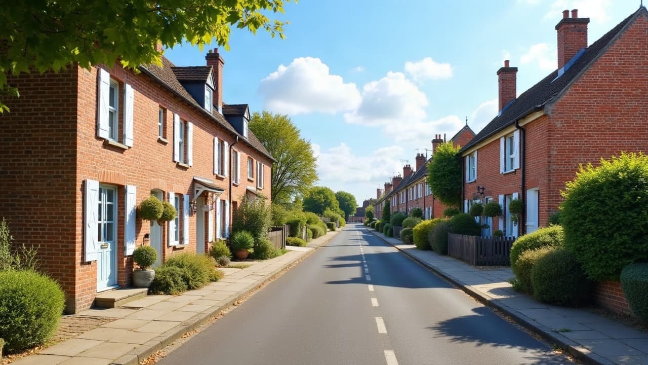 Rue de Mably aux maisons de brique et d'enduit clair, jardinets en façade
