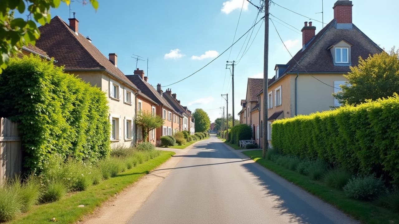 Rue paisible de Montagny bordée de haies hautes et de maisons basses