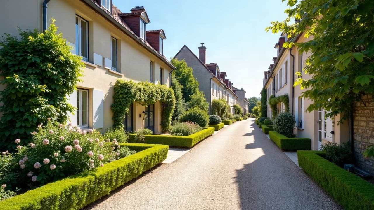 Ruelle verdoyante d'Ouches entre haies taillées et rosiers grimpants