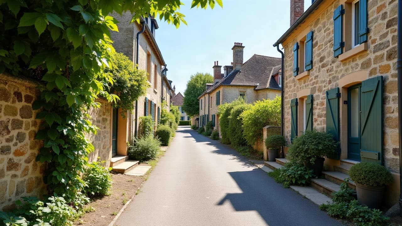 Ruelle paisible d'Ouches entre murets de pierre et jardins verdoyants