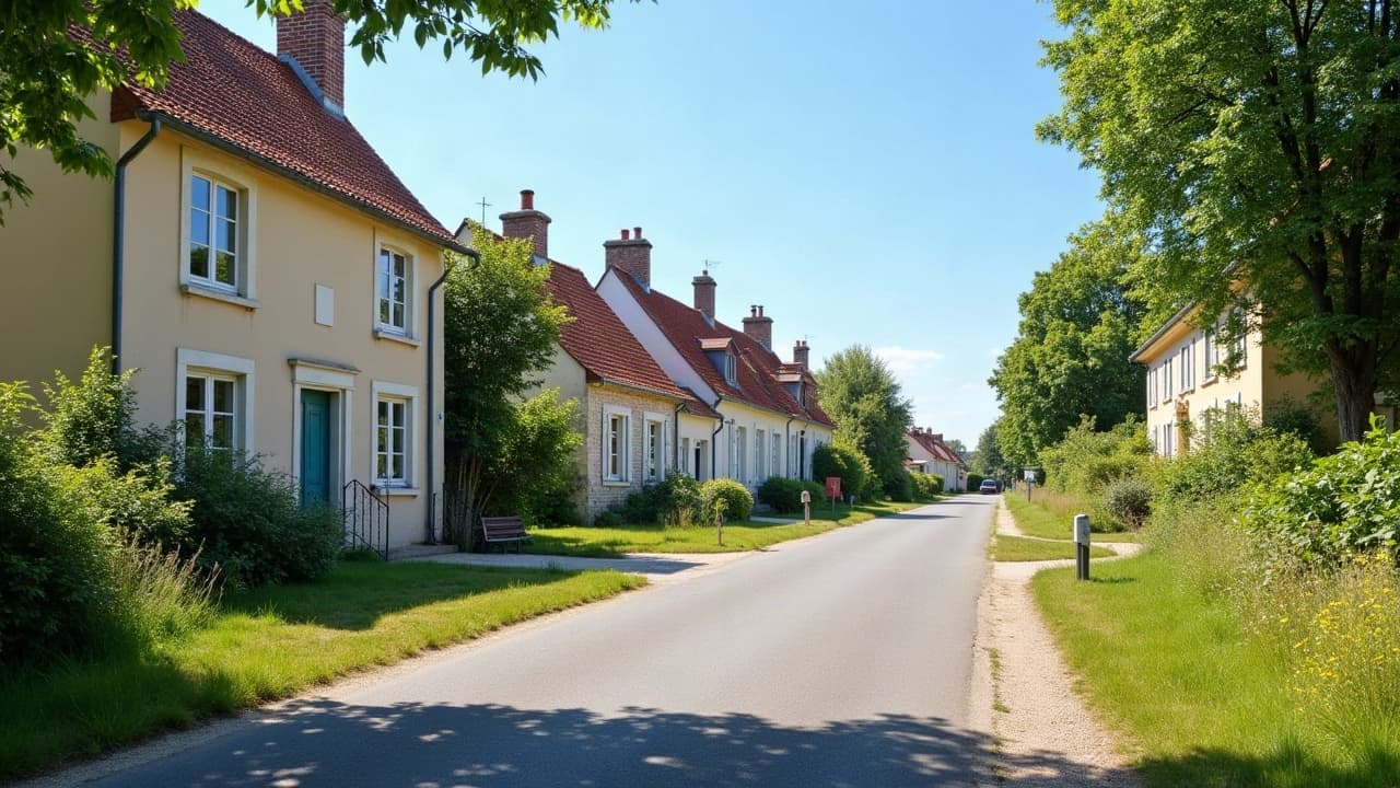 Hameau rural de Perreux, longères basses entourées de prés et de haies