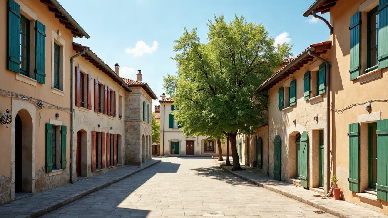 Place de village de Pouilly-les-Nonains, tilleuls et maisons anciennes aux volets peints