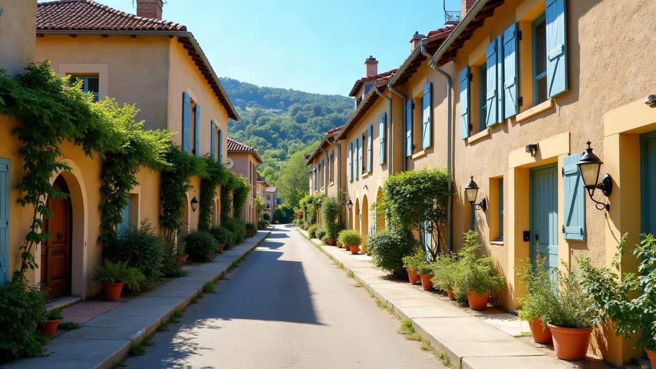 Rue de Renaison, maisons vigneronnes en pierre devant les coteaux plantés de vignes