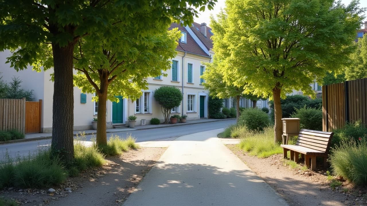 Allée d'un parc arboré avec un banc, dans un quartier calme de Riorges