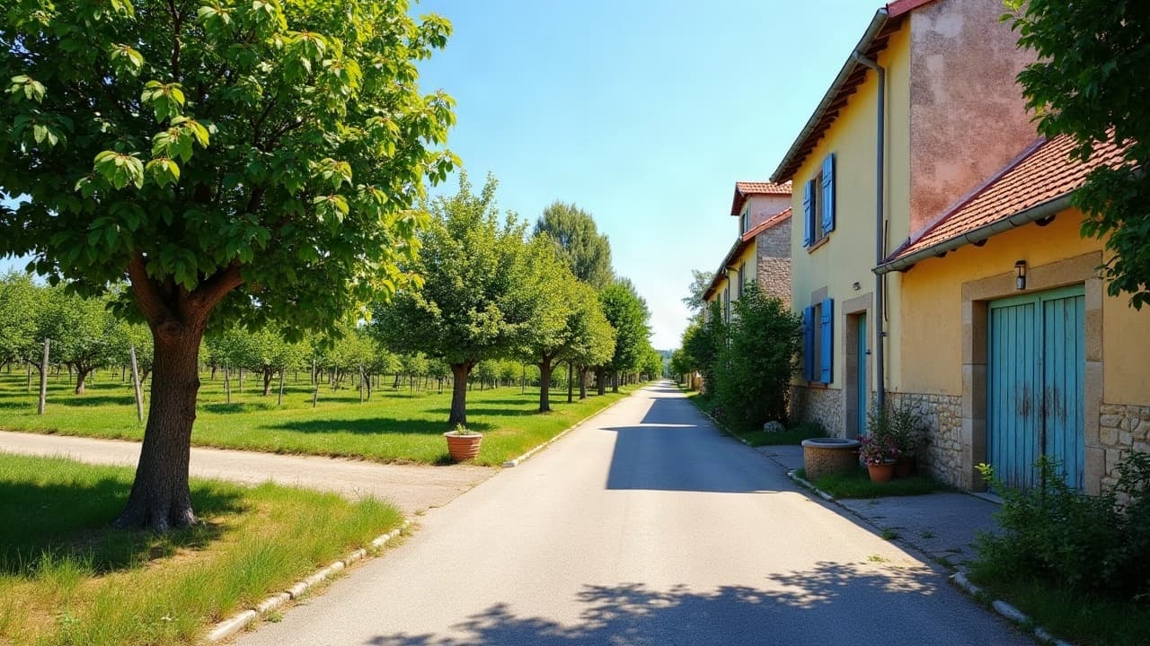 Verger aux arbres anciens le long d'une grange en pierre à Saint-André-d'Apchon