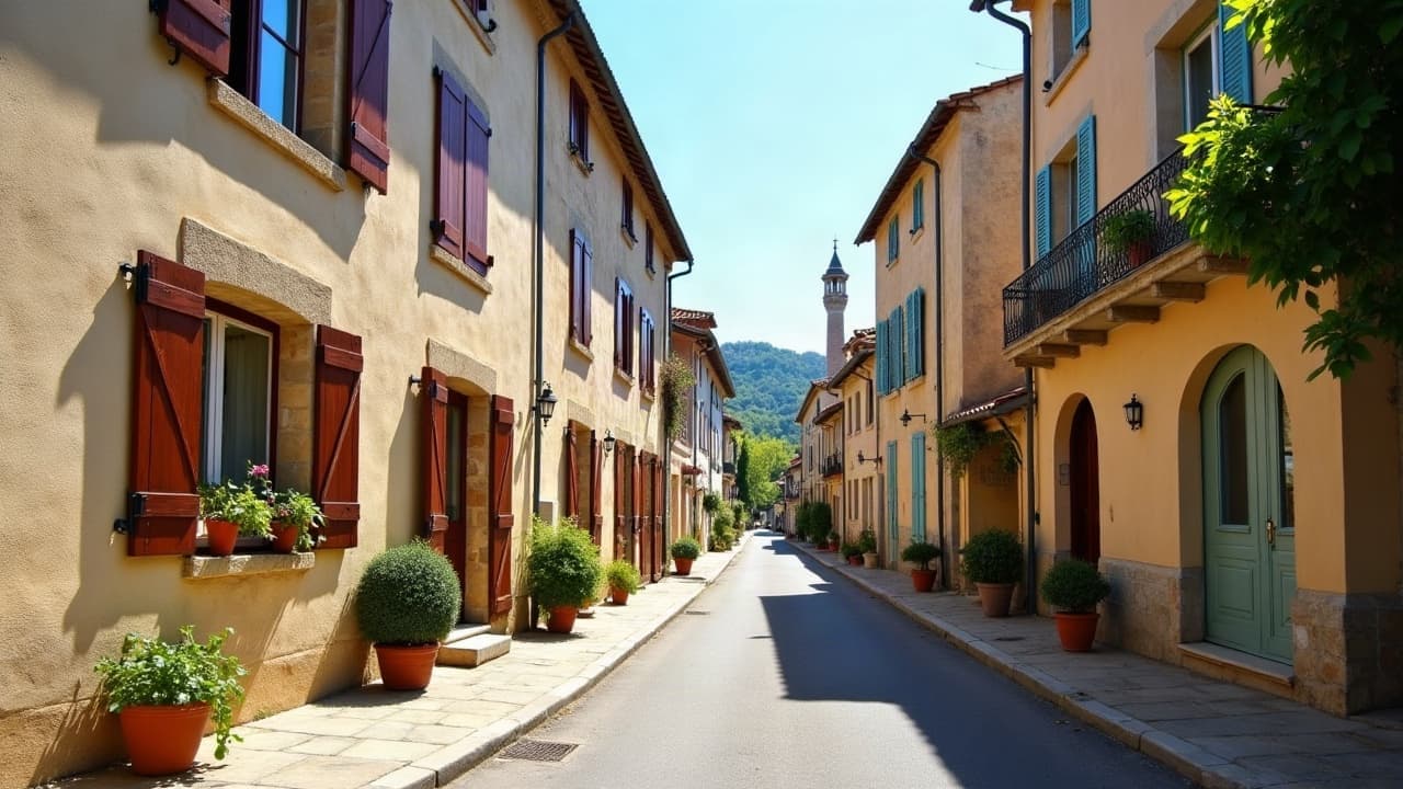 Rue ancienne de Saint-André-d'Apchon, maisons en pierre et clocher en arrière-plan