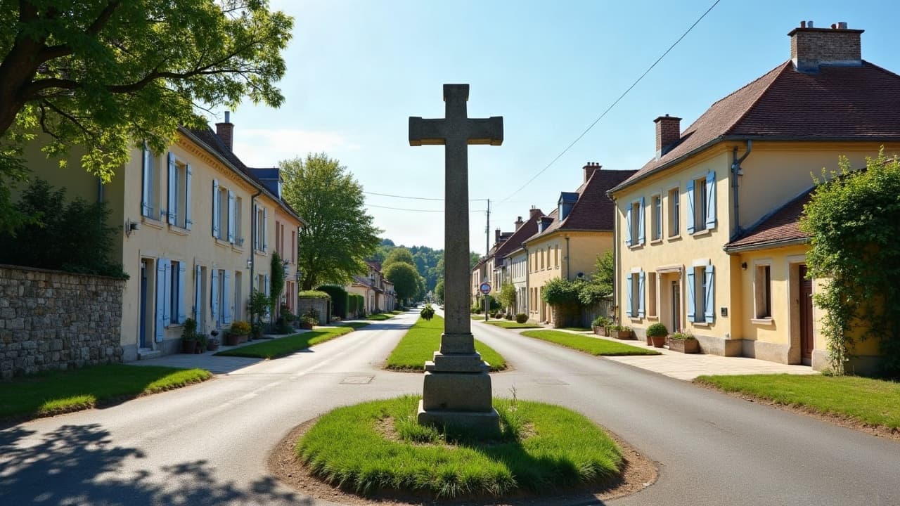 Croisée de chemins de campagne à la croix de pierre, près de Saint-Germain-Lespinasse