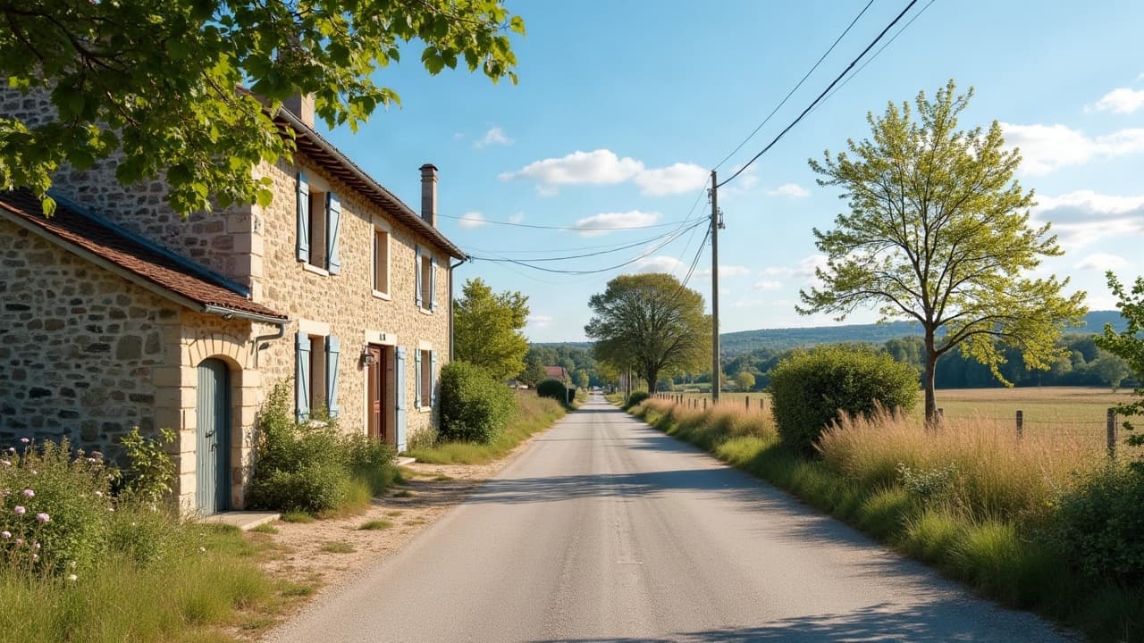Entrée de bourg de Saint-Germain-Lespinasse, ferme et granges en pierre face aux champs