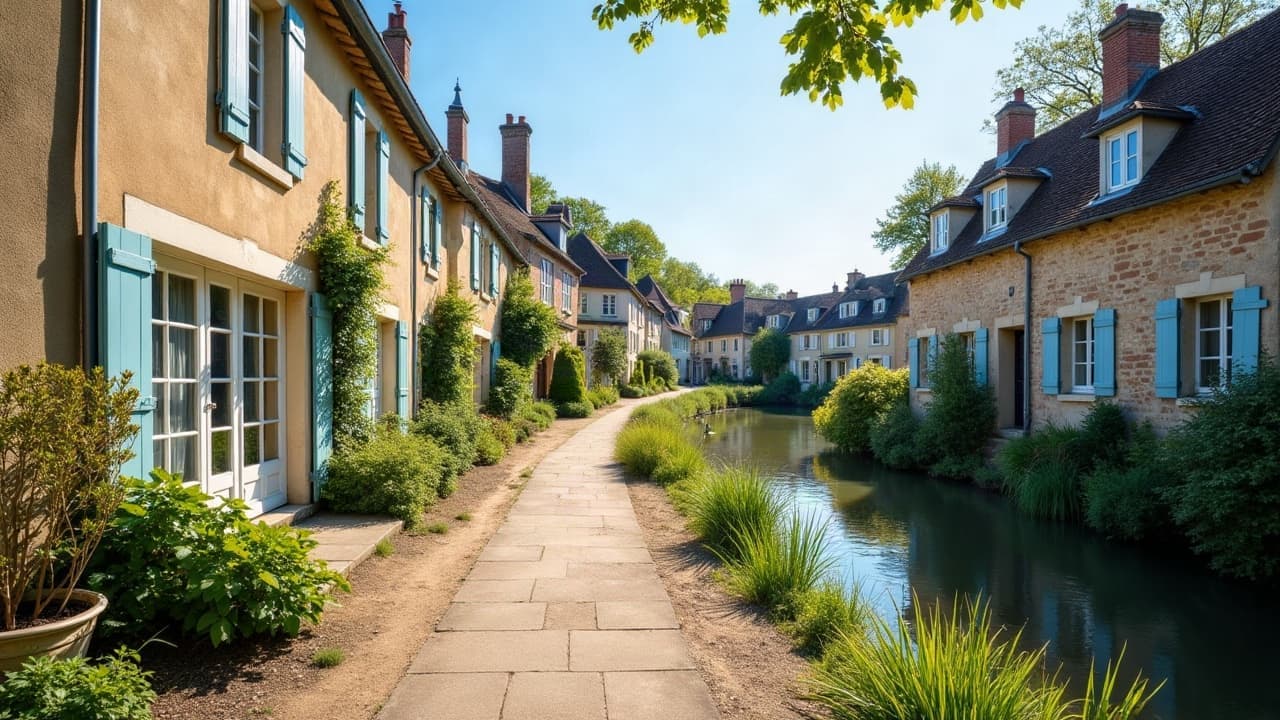 Sentier au bord de l'eau sous les maisons anciennes de Saint-Jean-Saint-Maurice
