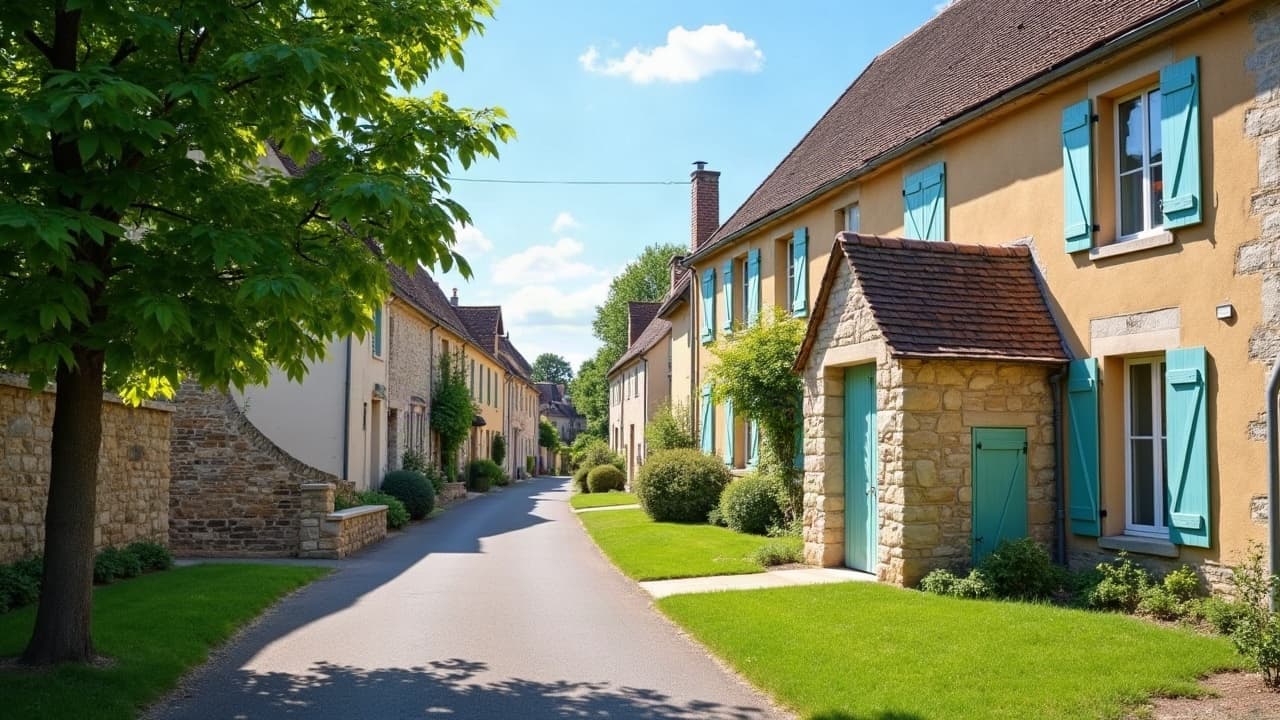 Rue verdoyante de Saint-Léger-sur-Roanne, petit bâtiment en pierre à la porte verte