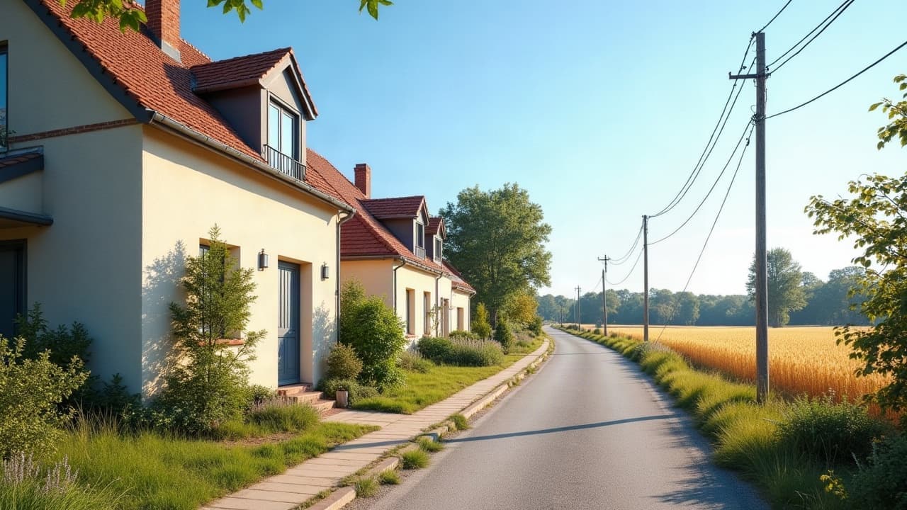 Rue périurbaine de Saint-Léger-sur-Roanne, maisons récentes et champ de blé en fond