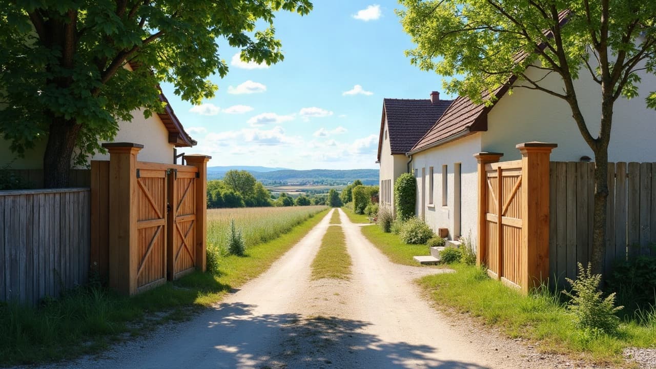 Barrière de ferme en bois ouvrant sur les champs de Saint-Romain-la-Motte