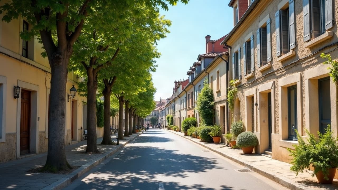 Rue principale de Saint-Romain-la-Motte bordée de platanes et de façades alignées