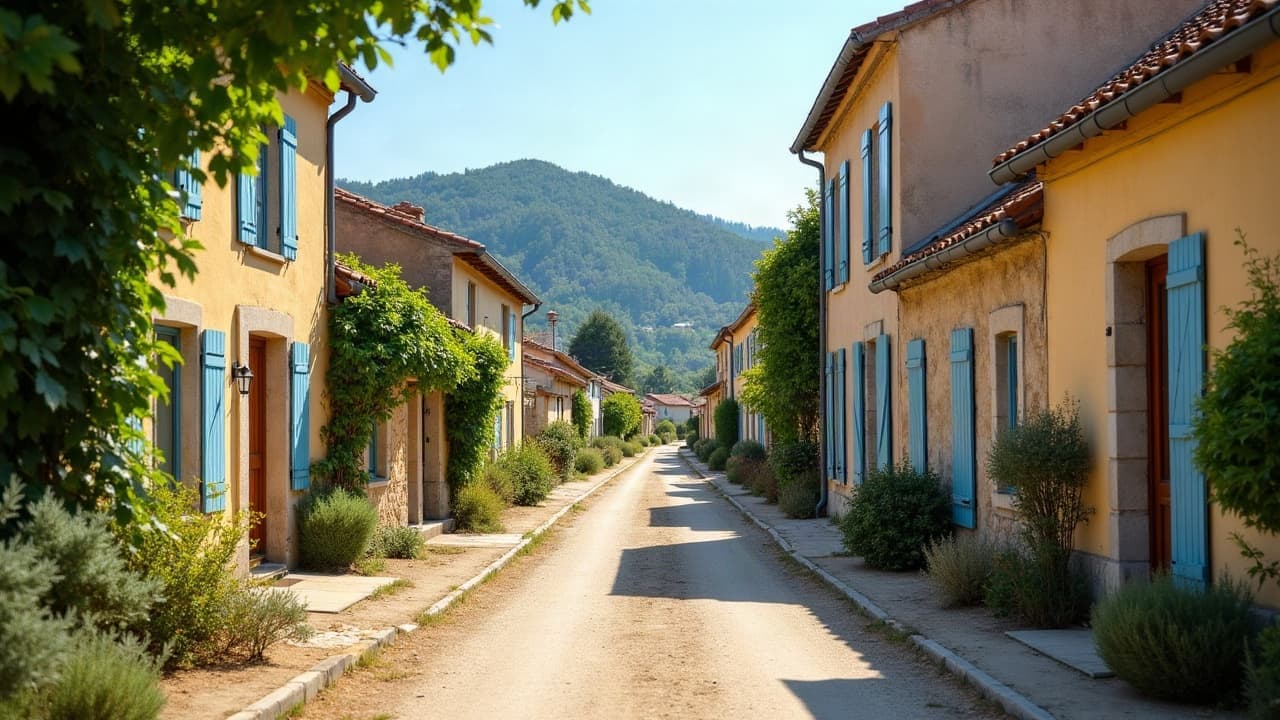 Rue de Villemontais filant vers les monts boisés de la Madeleine