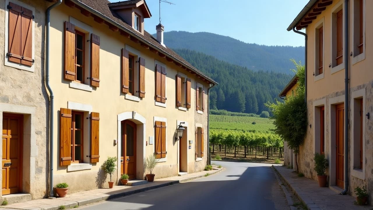Rue de Villemontais au pied des monts boisés de la Madeleine, vignes en bout de rue