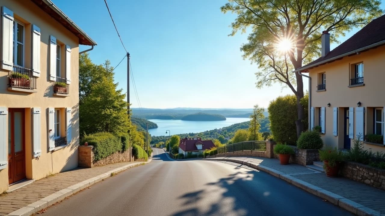 Vue sur le lac de Villerest et ses rives boisées depuis les hauteurs du bourg