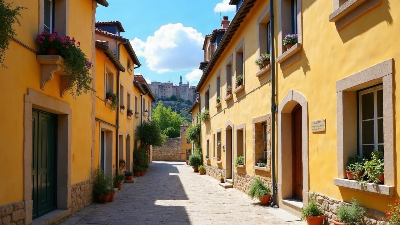 Ruelle du bourg médiéval de Villerest, maisons en pierre dorée fleuries