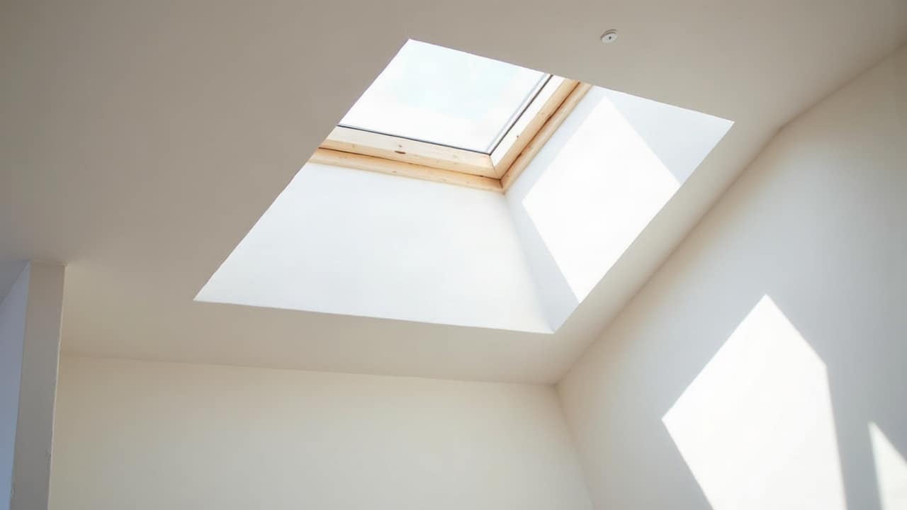 Angle intérieur de combles aménagés, rampant et plafond peints d'un blanc net sous une fenêtre de toit, jonction impeccable et lumineuse