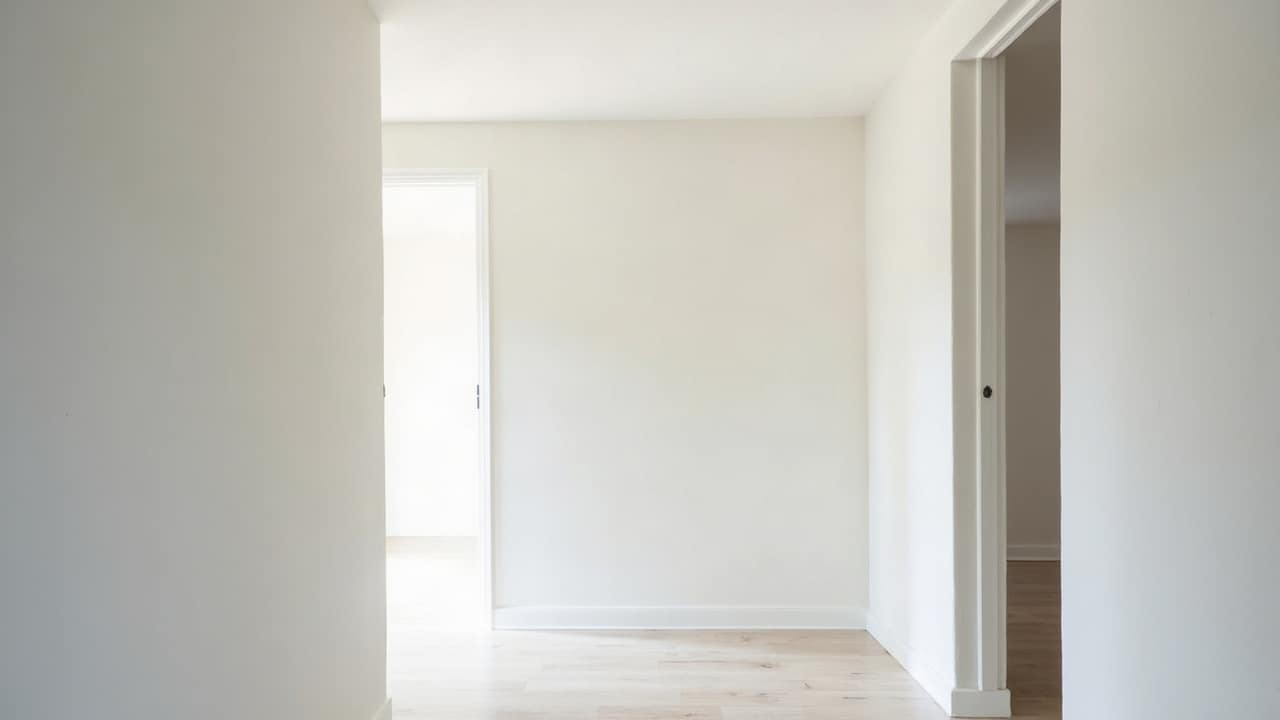 Couloir lumineux et fraîchement peint en blanc menant à une pièce baignée de lumière naturelle, porte intérieure ouverte, aucune présence humaine, ambiance nette et soignée