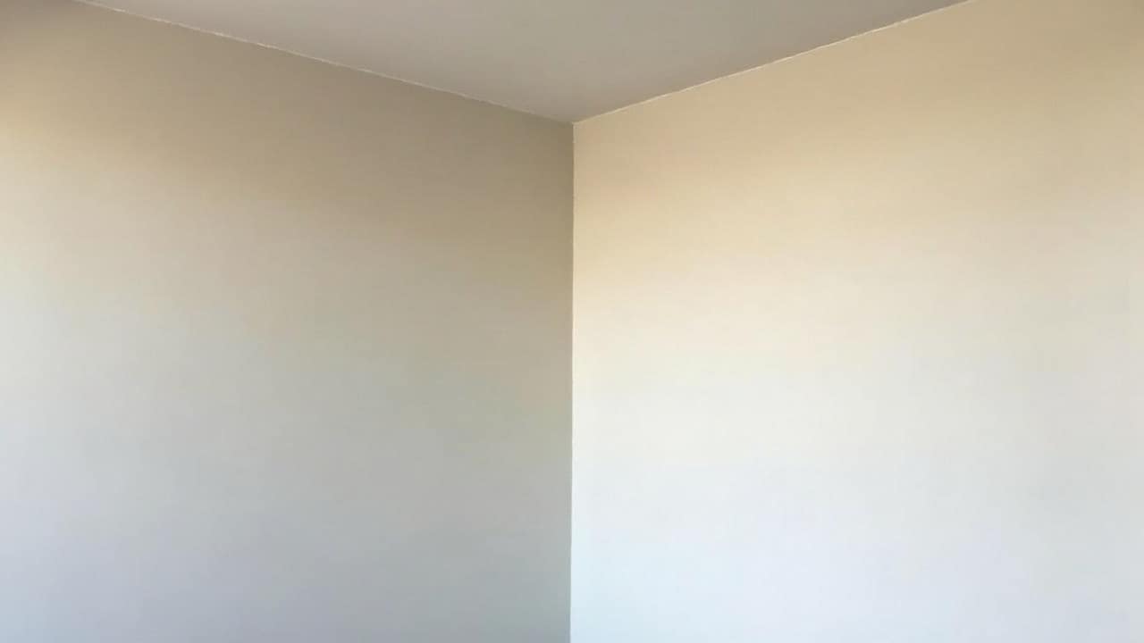 Angle de mur intérieur parfaitement plan et peint, jonction invisible sous une lumière douce, résultat net et lumineux
