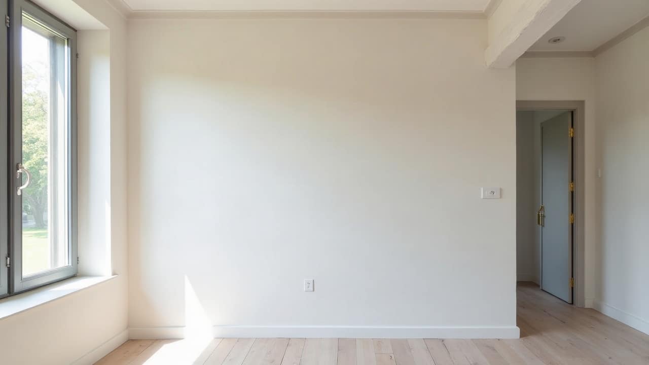 Vue en coupe propre et bien éclairée d'un plancher clair supportant une cloison légère fraîchement montée, sans aucun désordre de chantier