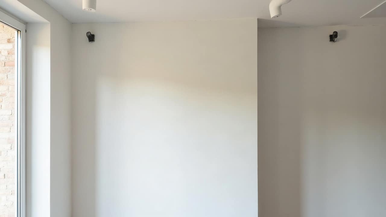 Détail propre et lumineux d'un doublage neuf affleurant près d'une baie vitrée, joint invisible et mur net dans une construction récente