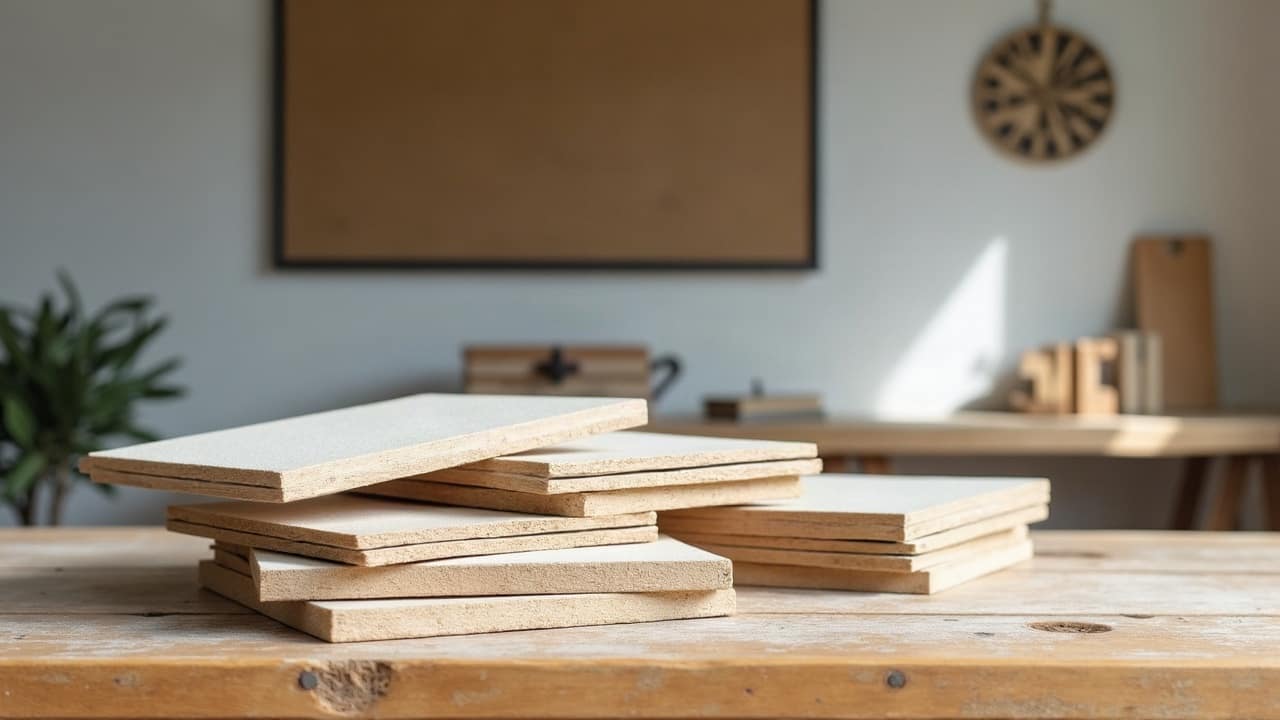 Pile ordonnée d'échantillons de plaques de plâtre aux tranches colorées, posée sur une table en bois claire
