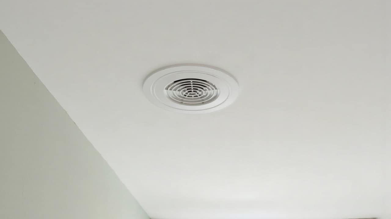 Détail propre et lumineux d'une grille de ventilation discrètement intégrée dans un plafond suspendu fini et peint, sans aucun désordre de chantier