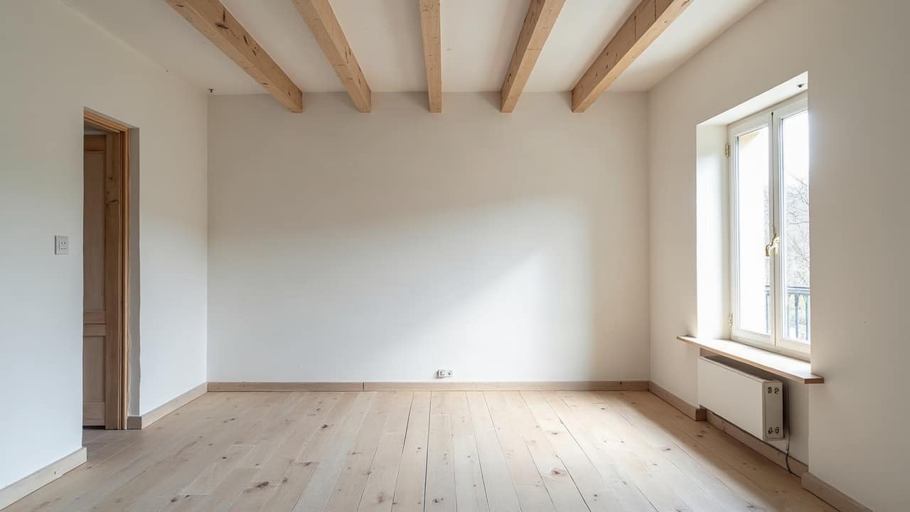 Intérieur d'appartement ancien entièrement rénové, poutres conservées et repeintes, cloison neuve fraîchement enduite et peinte, pièce lumineuse et terminée